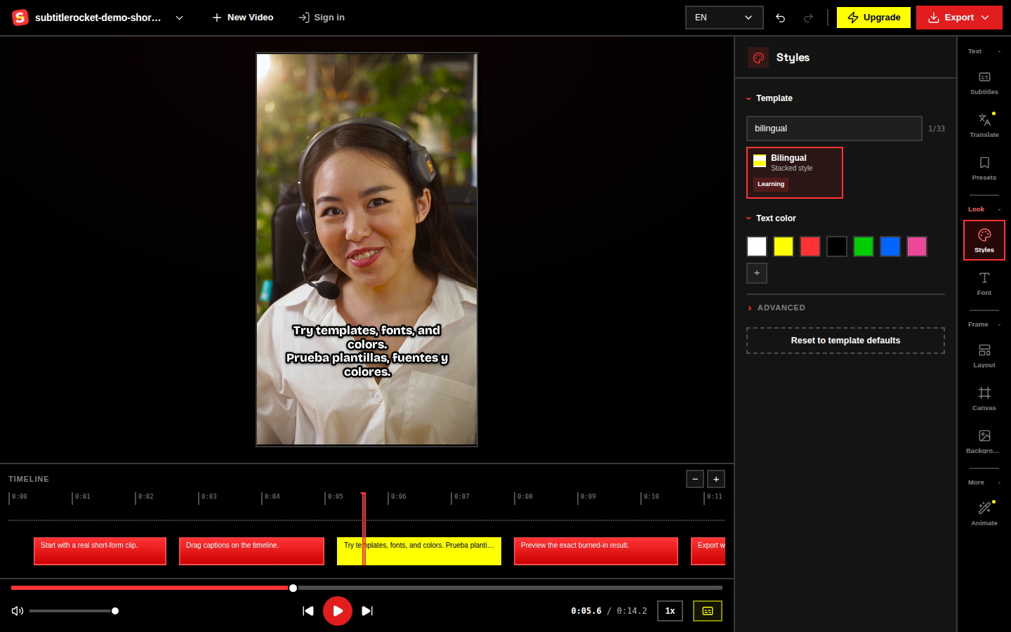 The bilingual template keeps the original line on top and the second language directly below it.