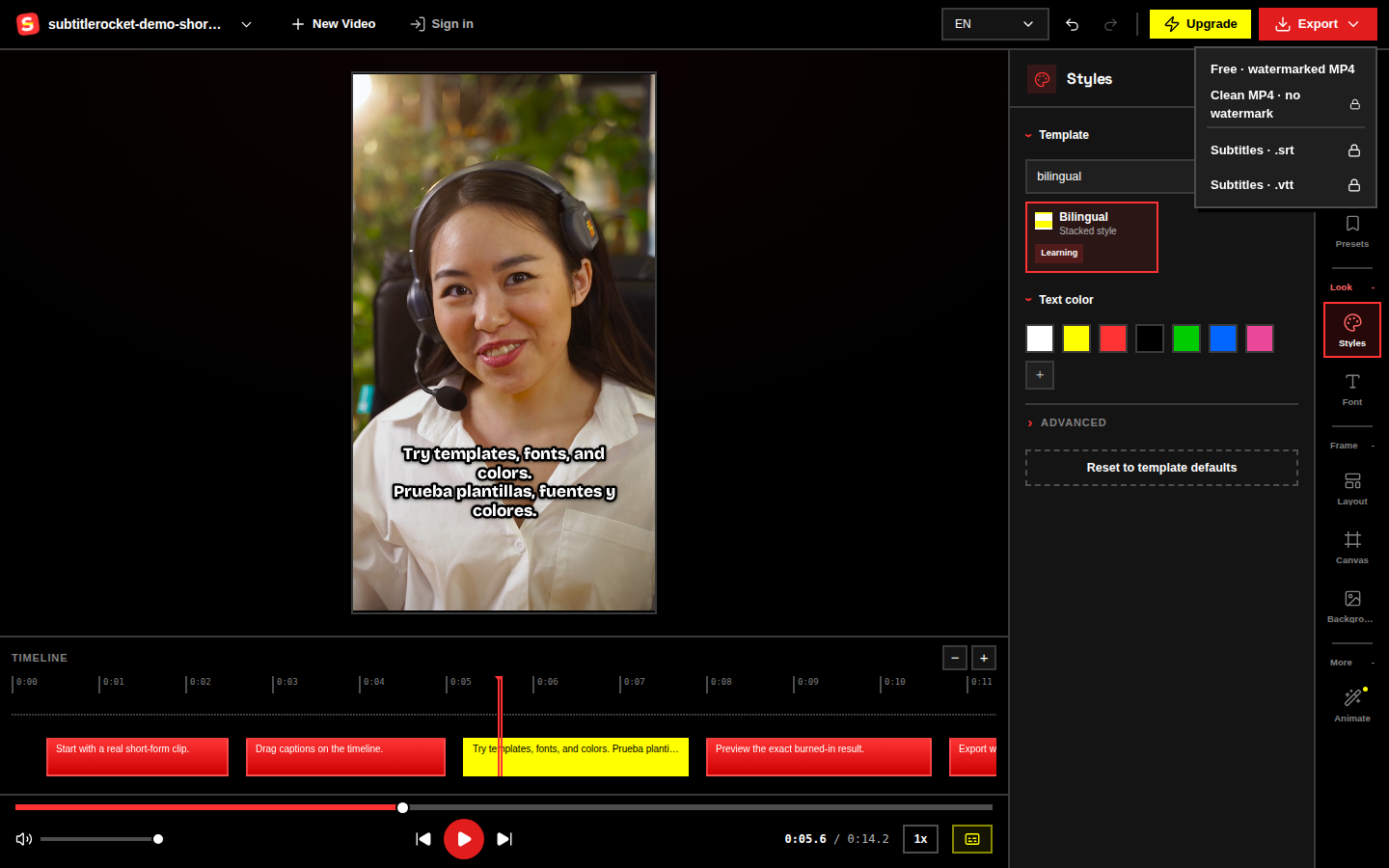 Preview the full clip, then choose a free 720p watermarked export or a clean 1080p Pro or Max export.