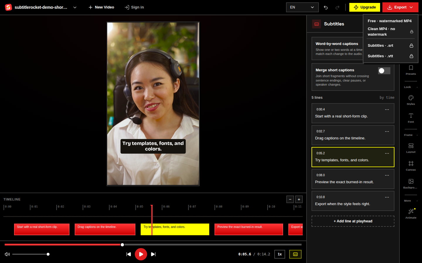 The export choices showing the free 720p watermarked MP4 and member options for clean 1080p and subtitle files.