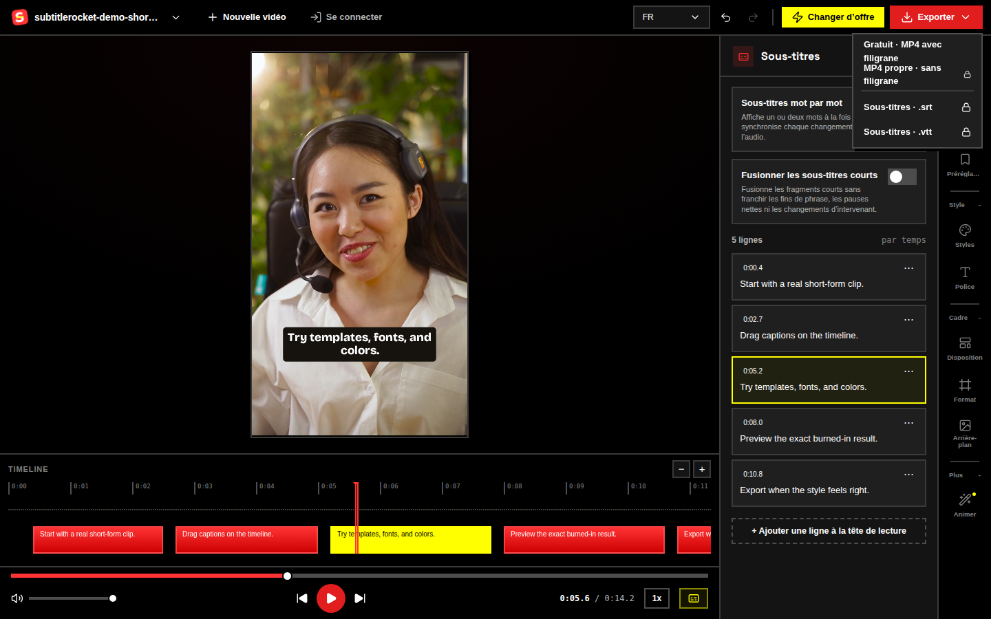 Choix d’export avec le MP4 720p gratuit et filigrané, ainsi que le 1080p propre et les fichiers de sous-titres pour les membres.