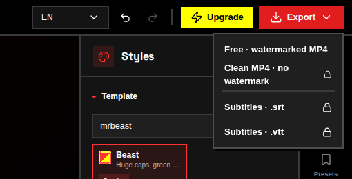 Use the free watermarked MP4 for a test pass, or choose a clean export before posting.