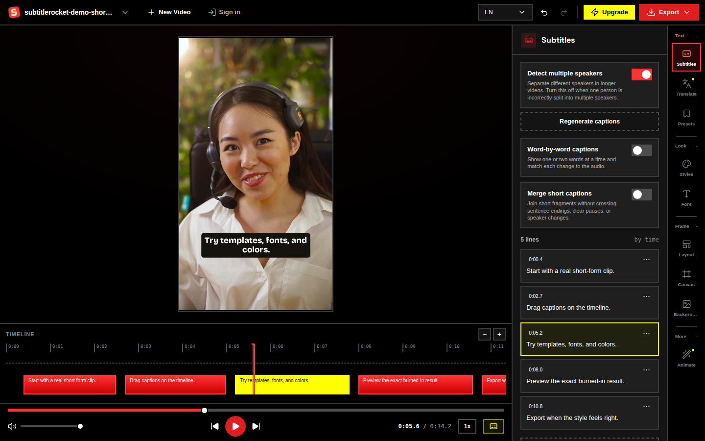 Dragging a caption segment’s edges on the timeline repairs its start and end times.