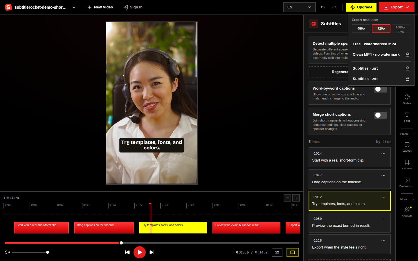 The export menu with the free watermarked MP4 and the Pro subtitle-file downloads.