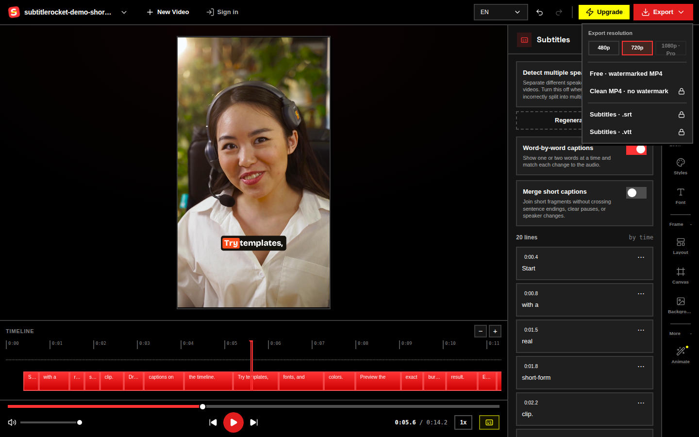 The export menu: free 720p watermarked MP4, or clean 1080p with Pro.